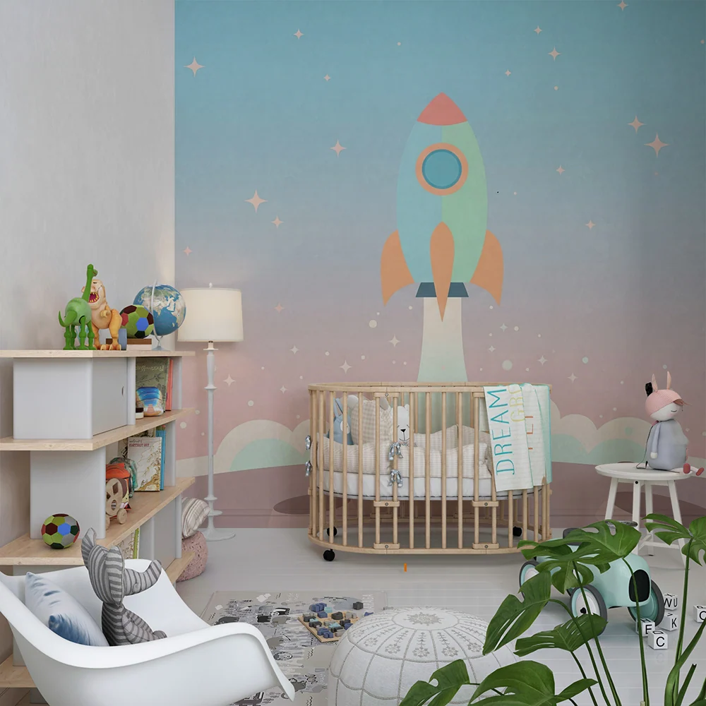 Papel de parede crianç | Foguete colorido voando para as estrelas