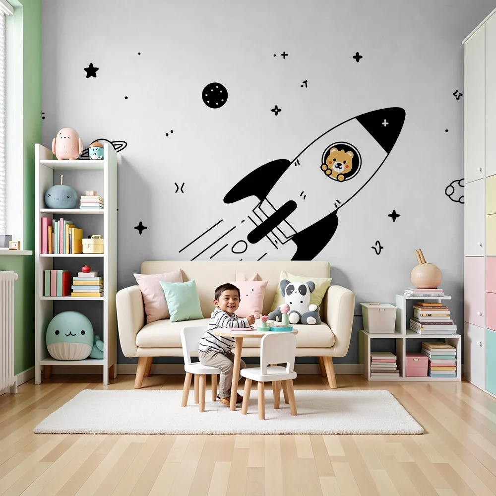 Papel de parede crianç | Foguete divertido com um leão explorador no espaço