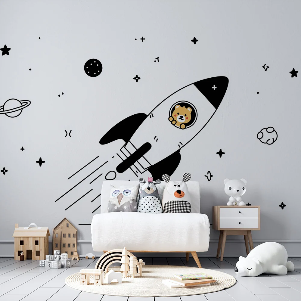 Papel de parede crianç | Foguete divertido com um leão explorador no espaço