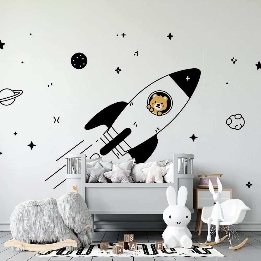 Papel de parede crianç | Foguete divertido com um leão explorador no espaço