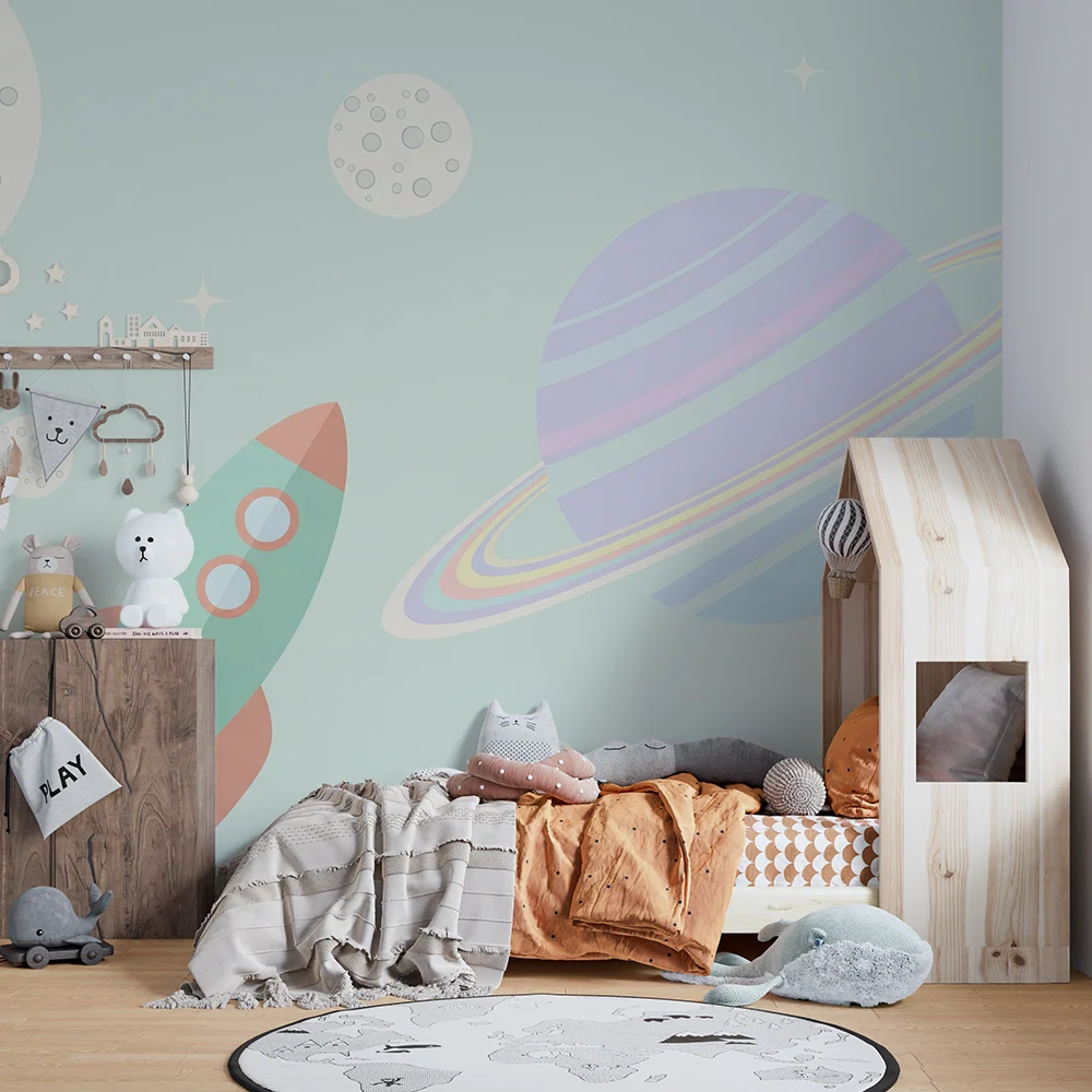 Papel de parede crianç | Foguete e planetas num espaço pastel