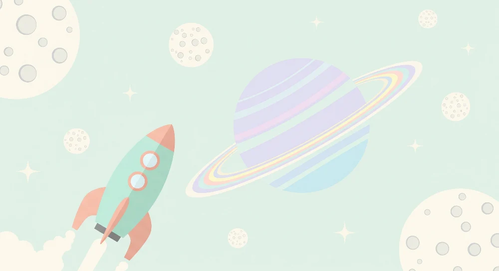 Papel de parede crianç | Foguete e planetas num espaço pastel