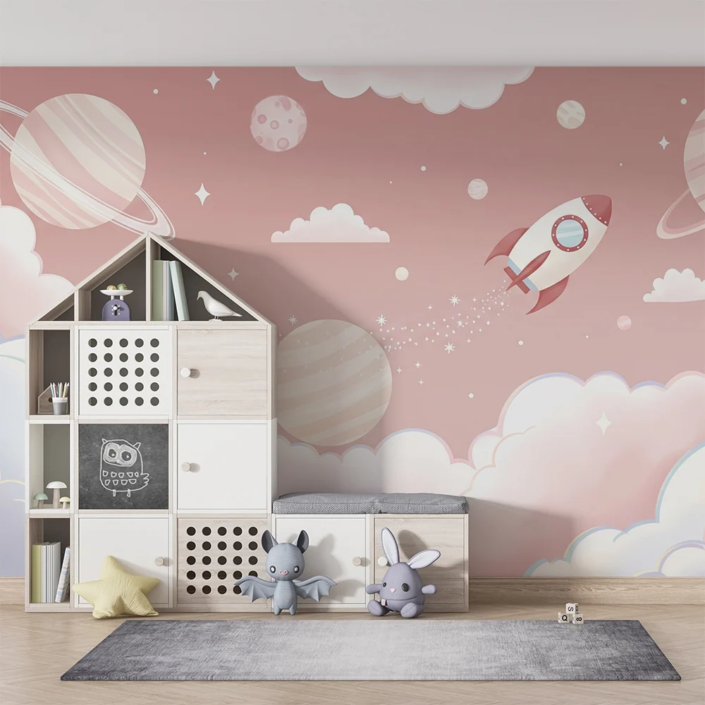 Papel de parede crianç | Foguete e planetas num céu estrelado cor-de-rosa