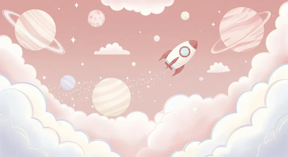 Papel de parede crianç | Foguete e planetas num céu estrelado cor-de-rosa