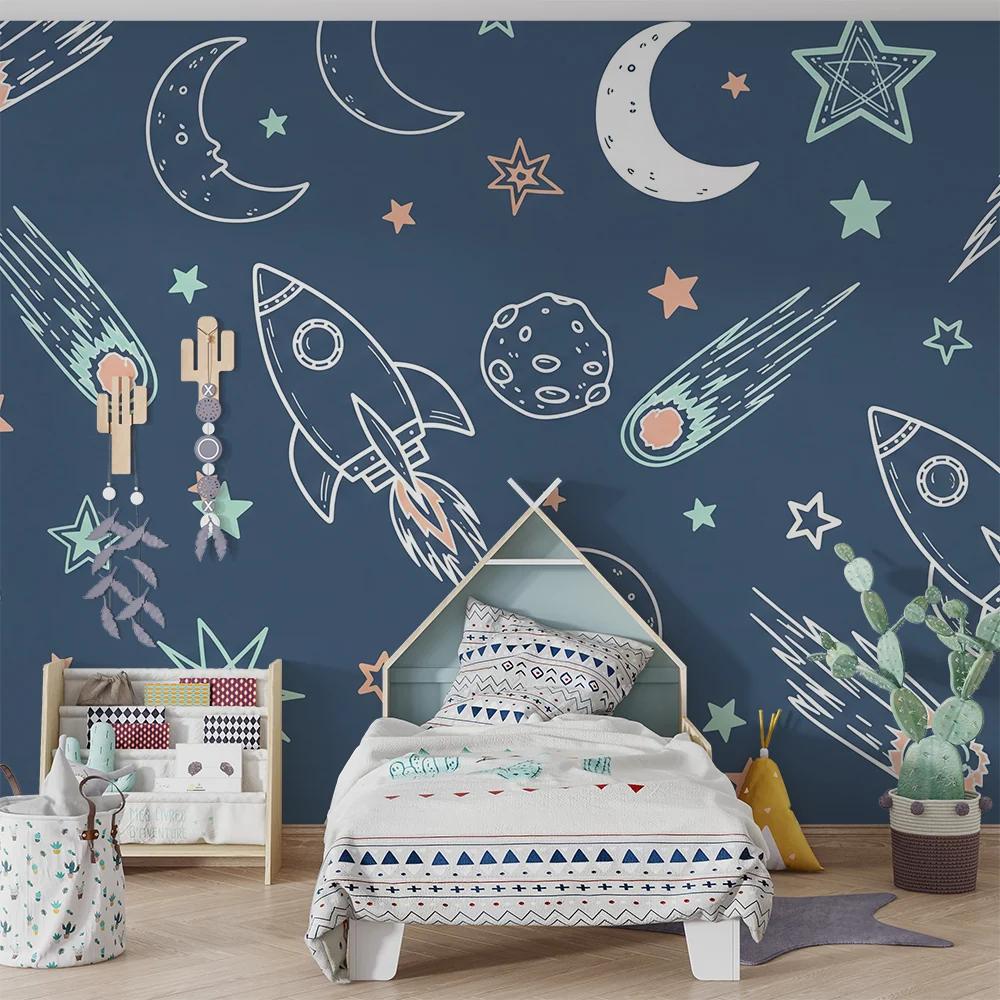 Papel de parede crianç | Foguetes e estrelas num céu noturno