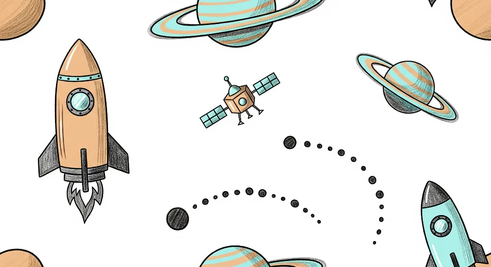 Papel de parede crianç | Foguetes e planetas desenhados no espaço
