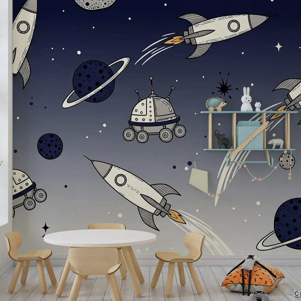 Papel de parede crianç | Foguetes e planetas no espaço estrelado