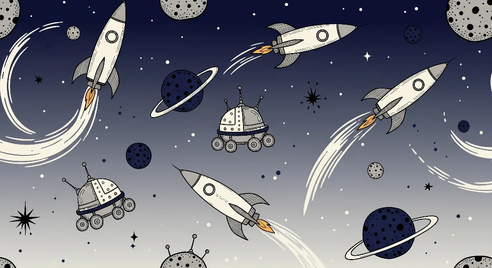 Papel de parede crianç | Foguetes e planetas no espaço estrelado