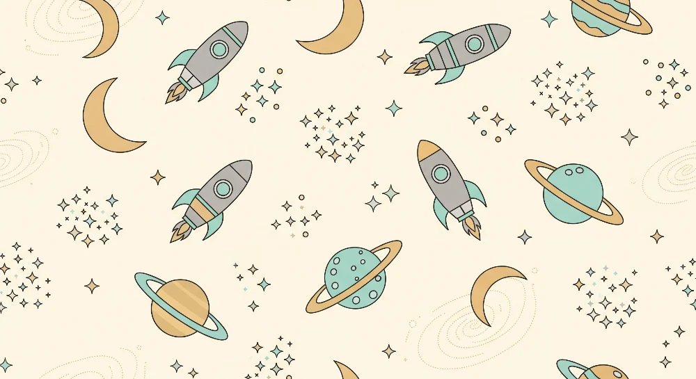 Papel de parede crianç | Foguetes e planetas em grandes padrões