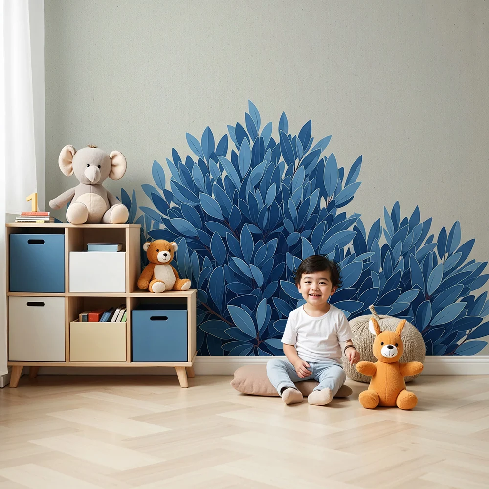 Papel de parede crianç | Folhagem azul calmante em fundo neutro