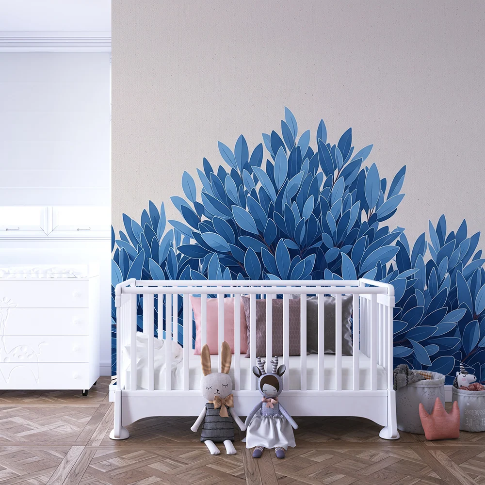 Papel de parede crianç | Folhagem azul calmante em fundo neutro