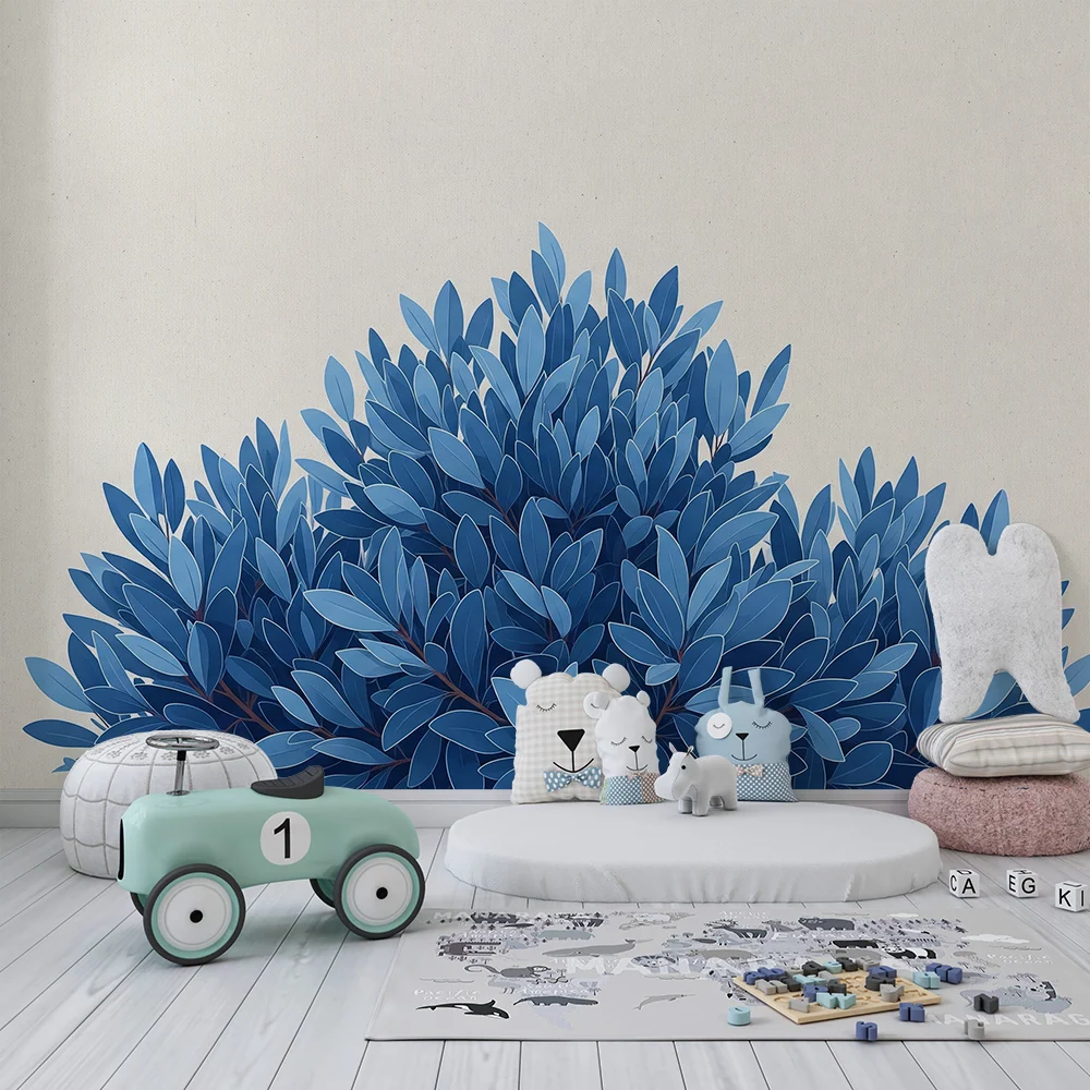 Papel de parede crianç | Folhagem azul calmante em fundo neutro