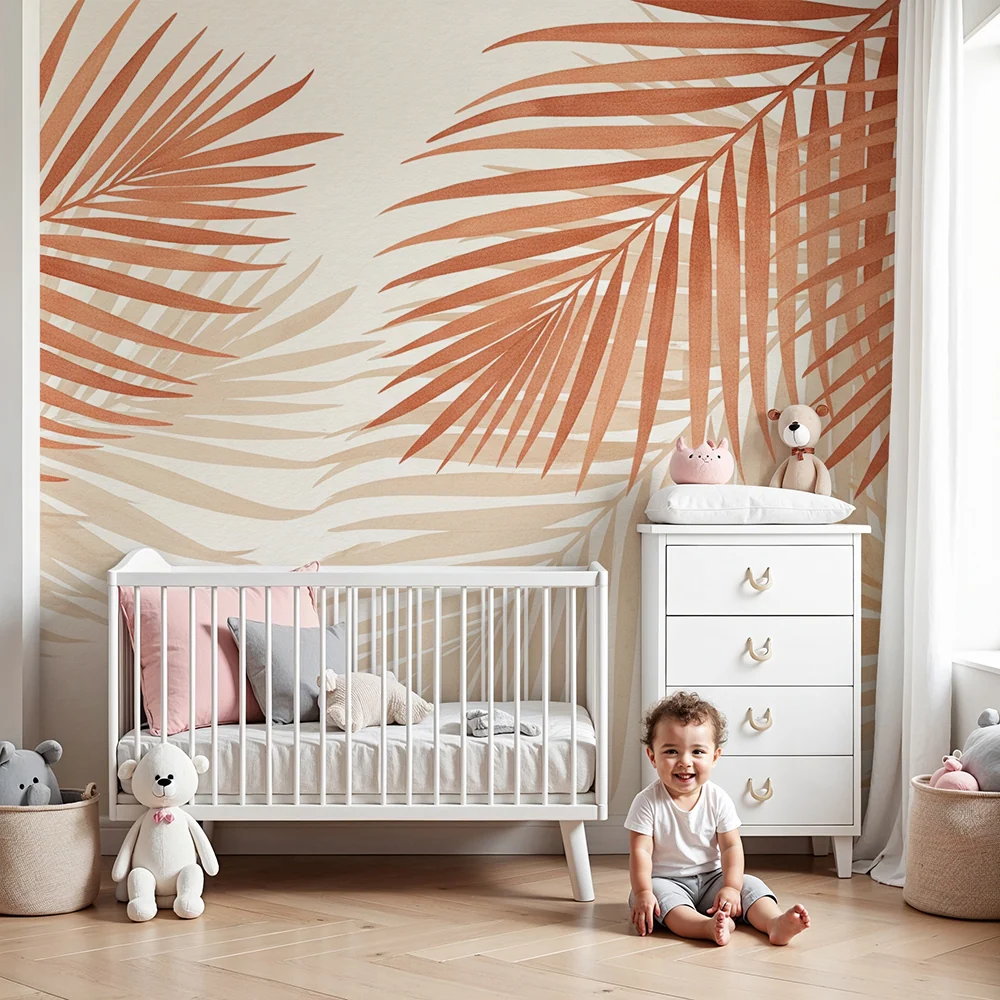 Papel de parede crianç | Folhas de palmeira em tons terracota e bege