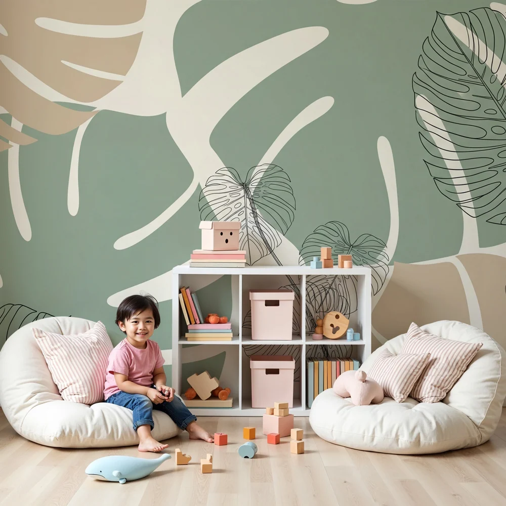 Papel de parede crianç | Folhas tropicais bege e verde sálvia