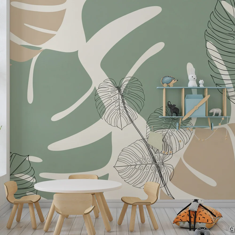 Papel de parede crianç | Folhas tropicais bege e verde sálvia