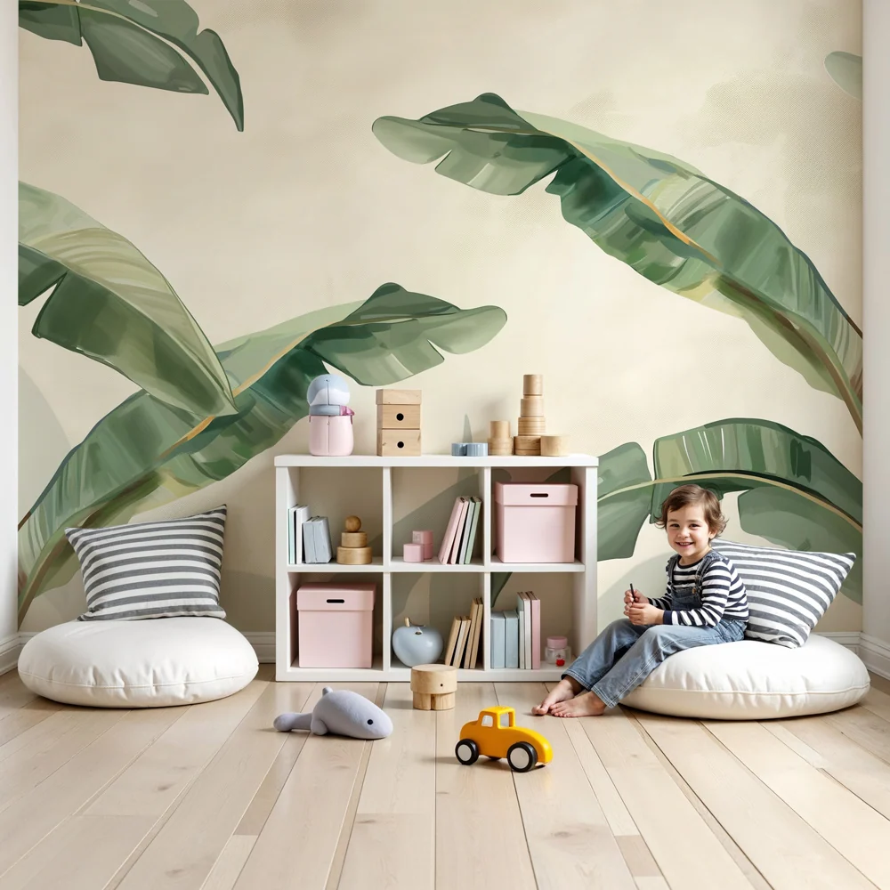 Papel de parede crianç | Folhas tropicais em fundo suave