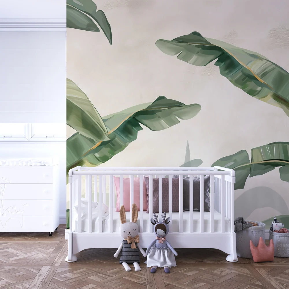 Papel de parede crianç | Folhas tropicais em fundo suave