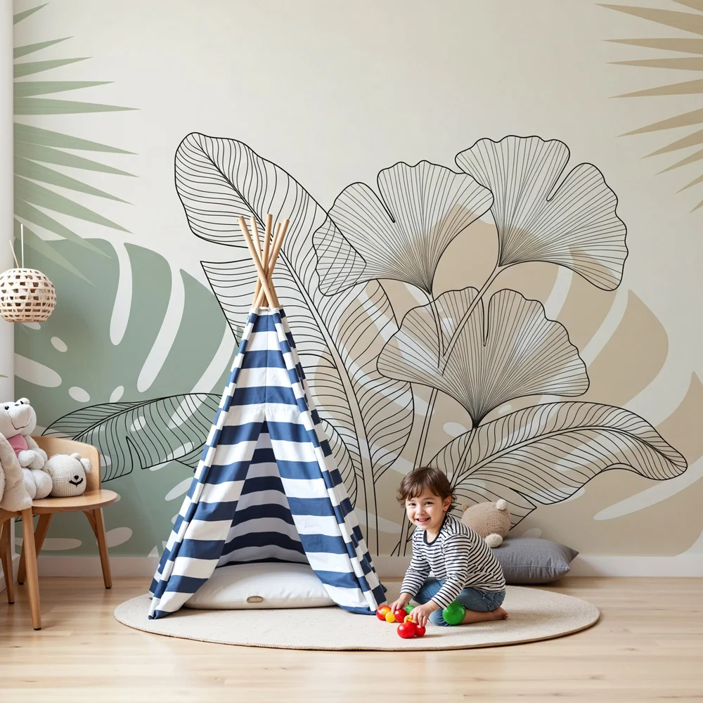 Papel de parede crianç | Folhas tropicais minimalistas bege e verde sálvia