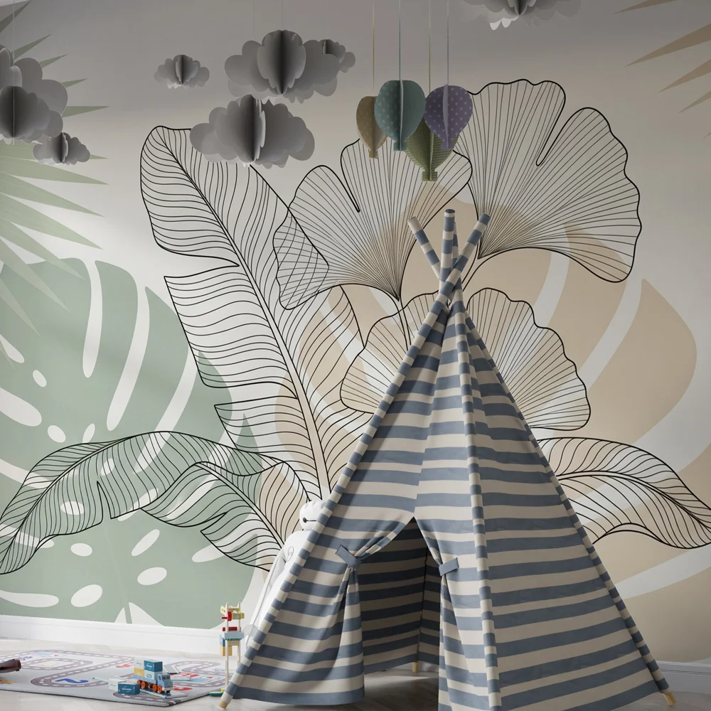 Papel de parede crianç | Folhas tropicais minimalistas bege e verde sálvia