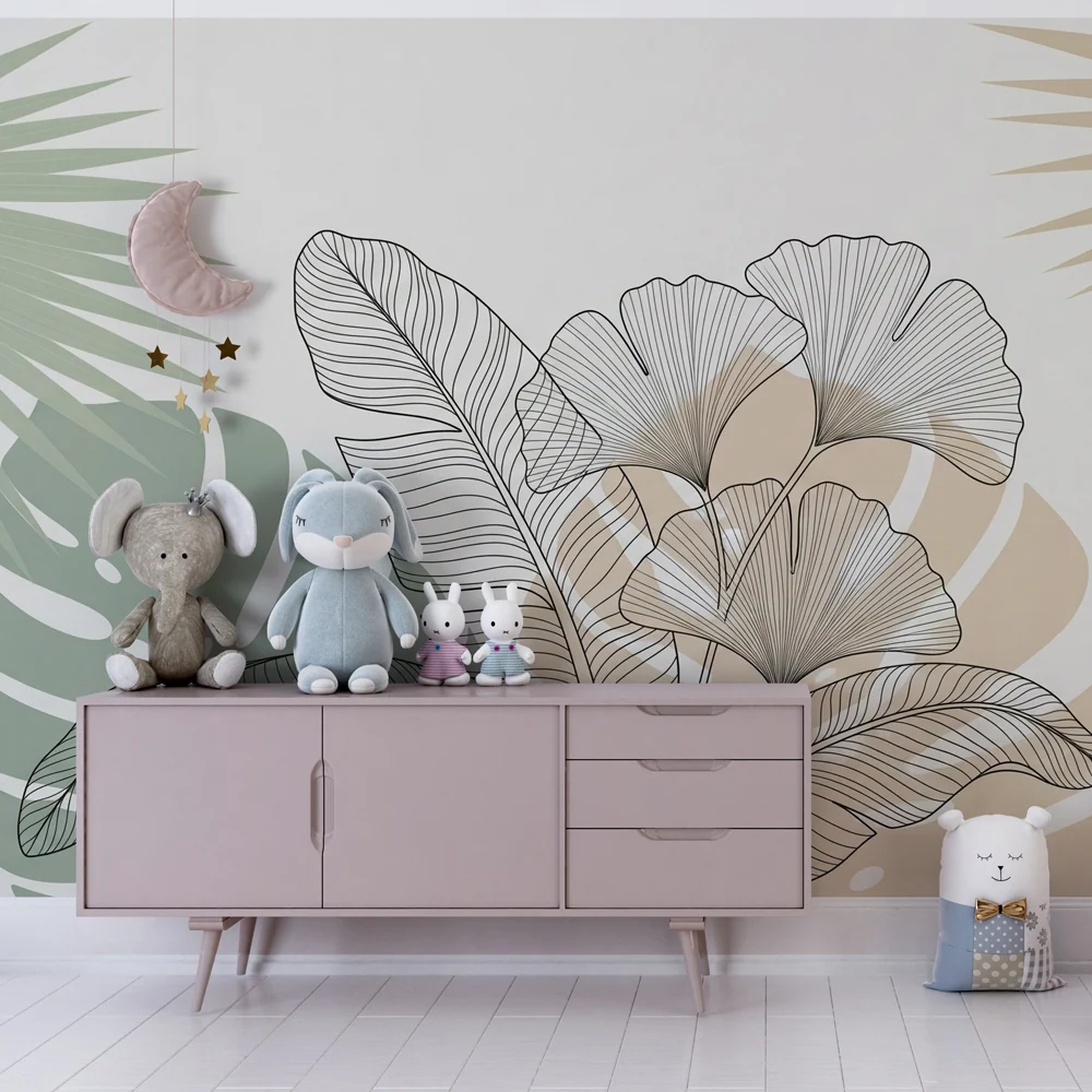 Papel de parede crianç | Folhas tropicais minimalistas bege e verde sálvia
