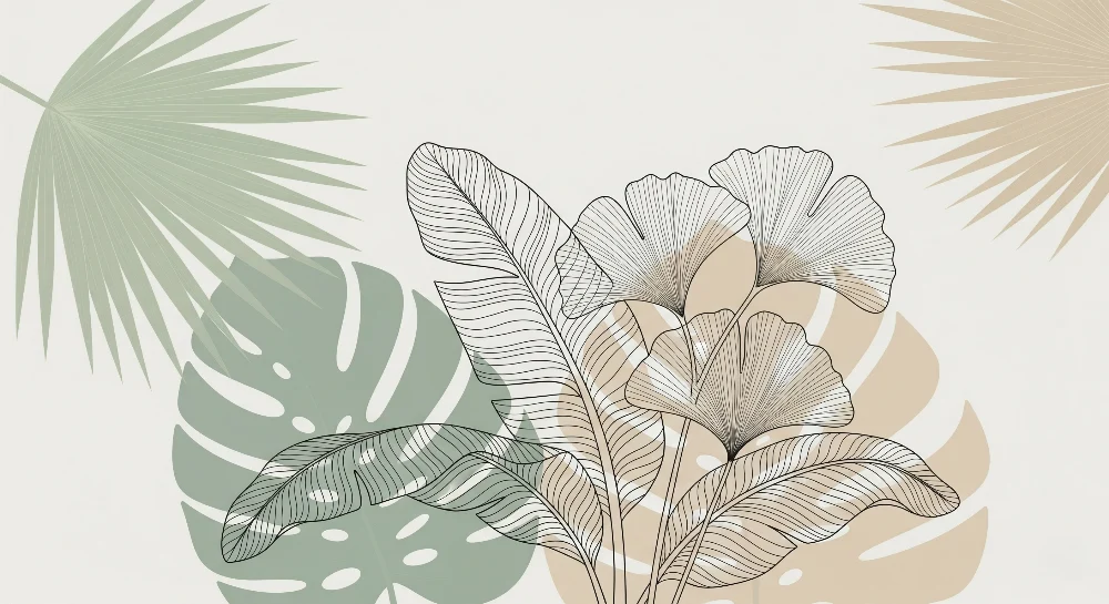 Papel de parede crianç | Folhas tropicais minimalistas bege e verde sálvia