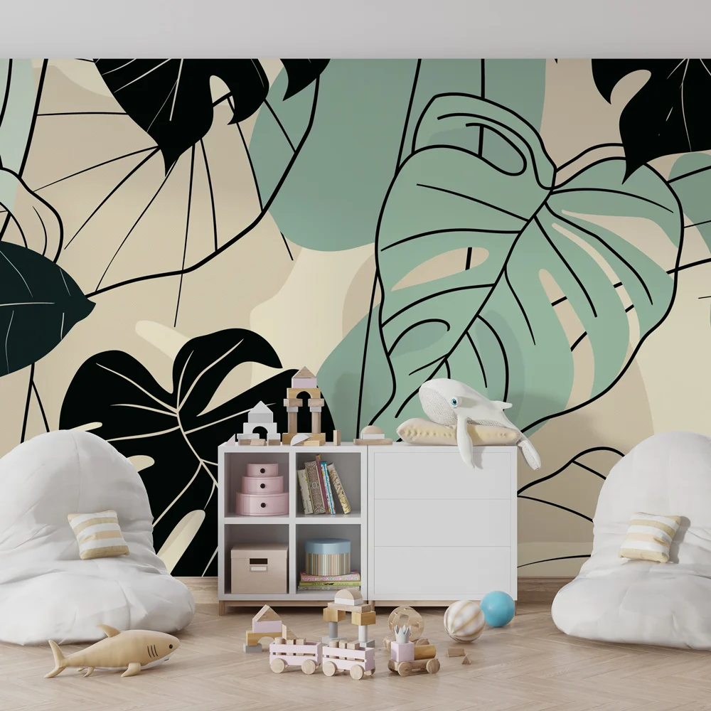 Papel de parede crianç | Folhas tropicais modernas tricolores