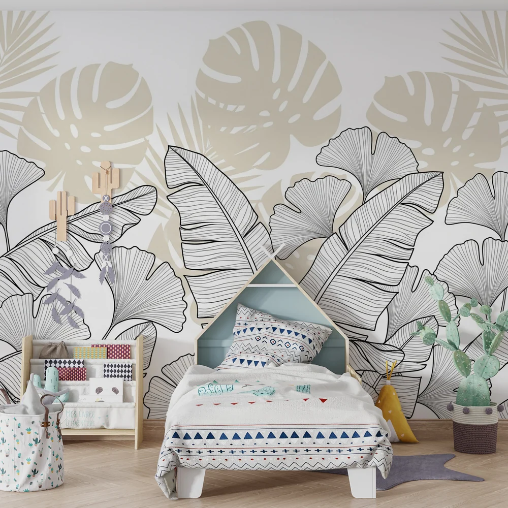 Papel de parede crianç | Folhas tropicais em preto e branco