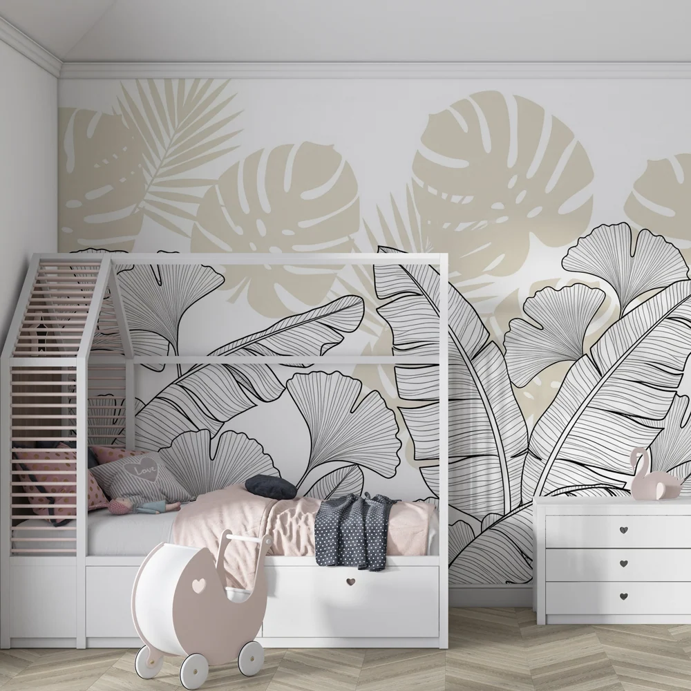 Papel de parede crianç | Folhas tropicais em preto e branco