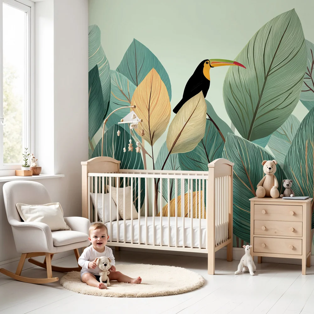 Papel de parede crianç | Folhas tropicais e tucano