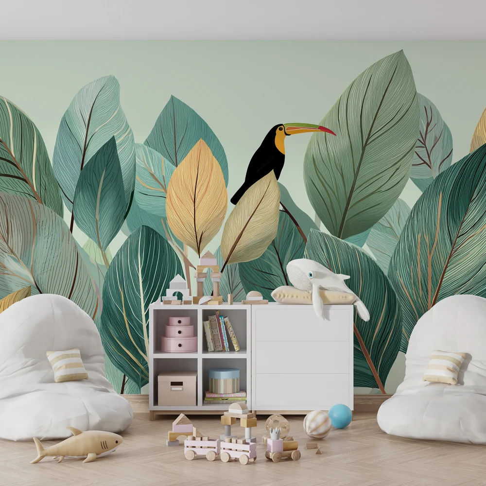 Papel de parede crianç | Folhas tropicais e tucano