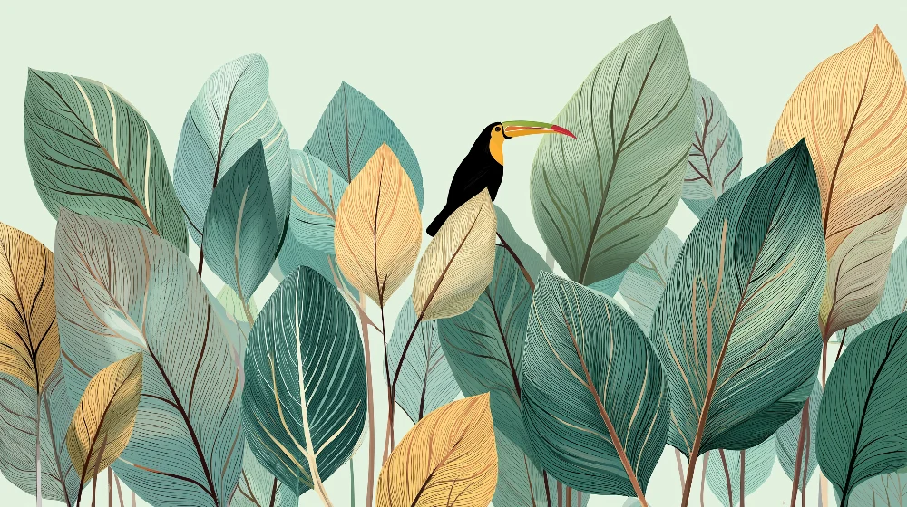 Papel de parede crianç | Folhas tropicais e tucano