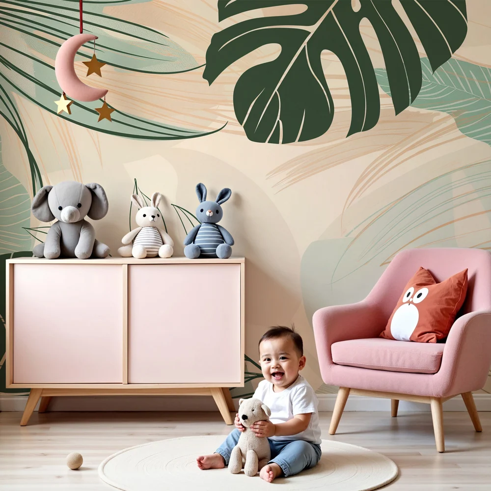 Papel de parede crianç | Folhas tropicais em verde azul bege