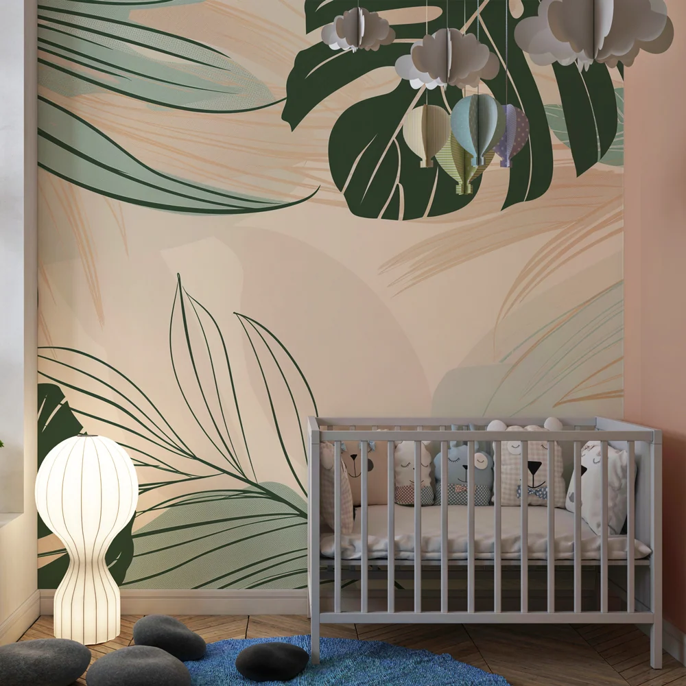 Papel de parede crianç | Folhas tropicais em verde azul bege