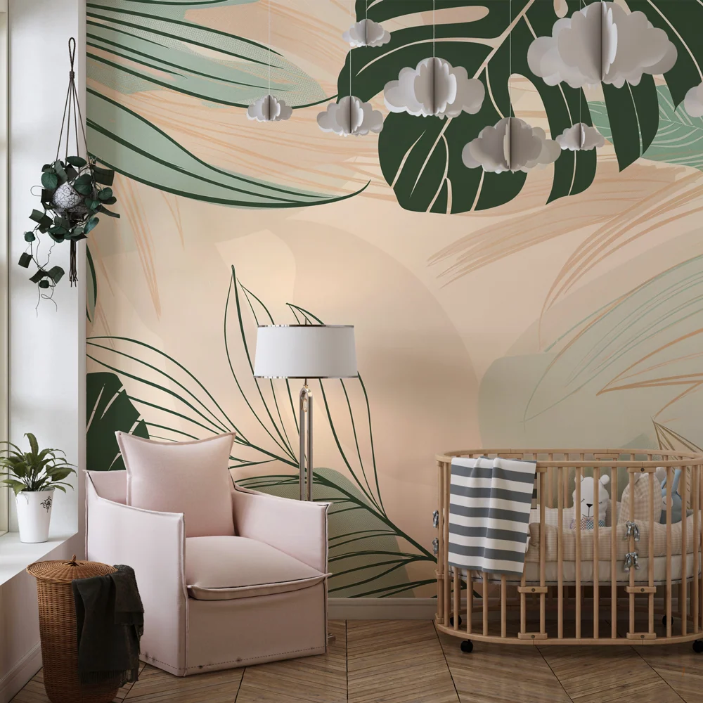 Papel de parede crianç | Folhas tropicais em verde azul bege
