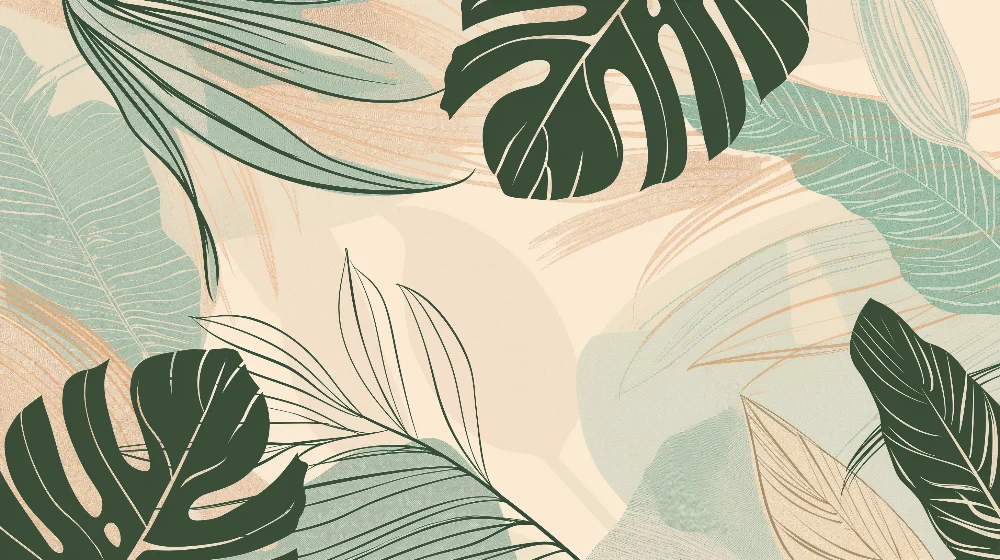 Papel de parede crianç | Folhas tropicais em verde azul bege