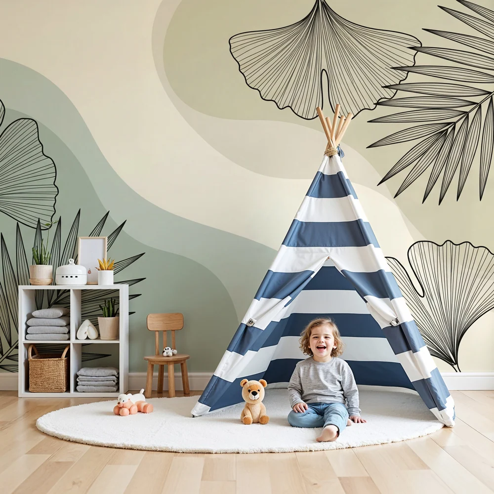 Papel de parede crianç | Folhas tropicais verde sálvia e caqui