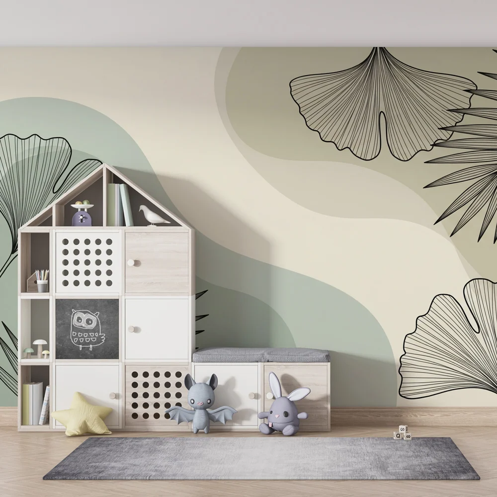 Papel de parede crianç | Folhas tropicais verde sálvia e caqui