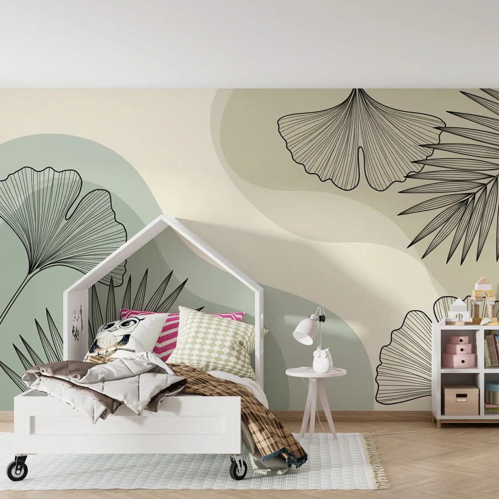 Papel de parede crianç | Folhas tropicais verde sálvia e caqui