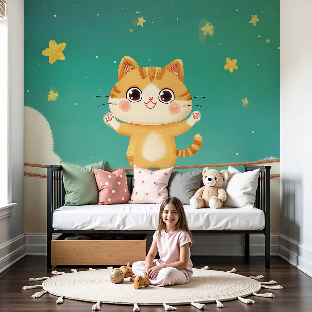 Papel de parede crianç | Gatinho acrobata sob um céu estrelado
