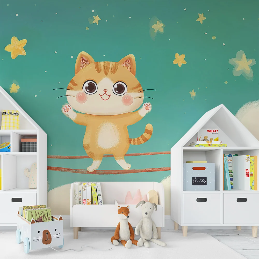 Papel de parede crianç | Gatinho acrobata sob um céu estrelado