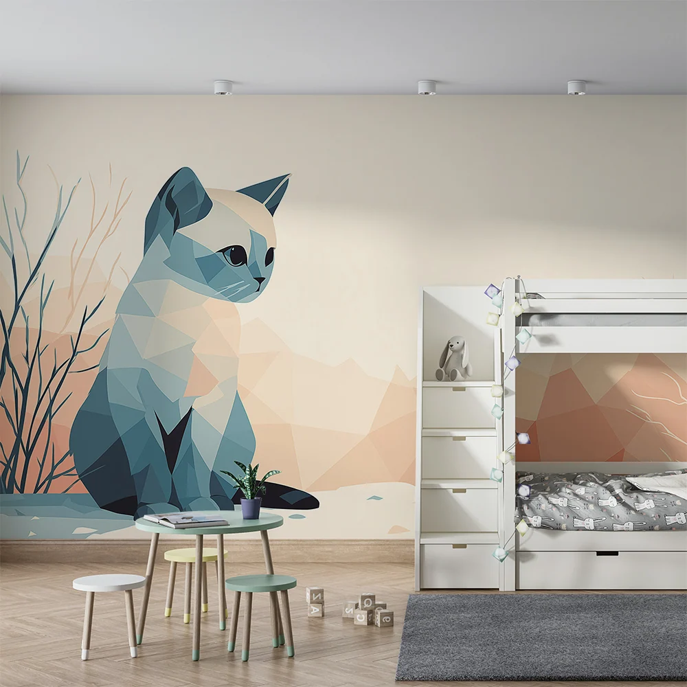 Papel de parede crianç | Gatinho geométrico num cenário suave