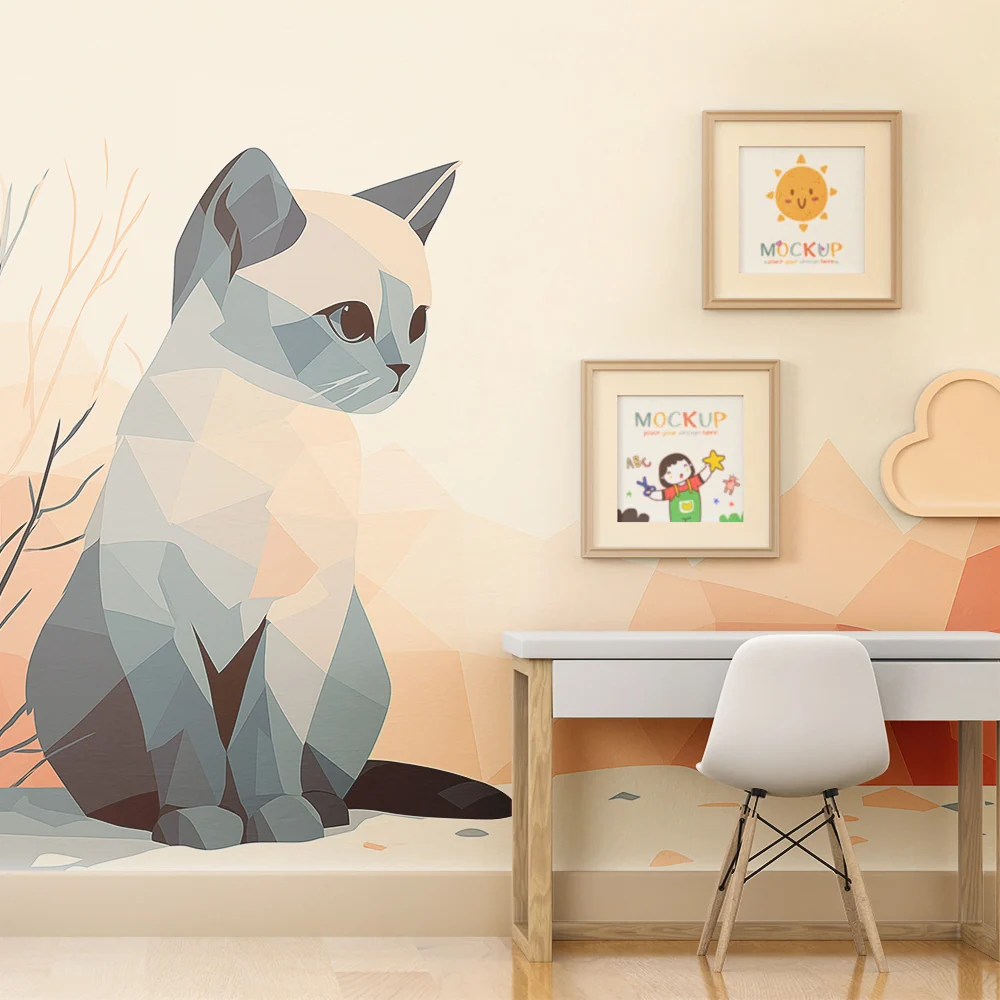 Papel de parede crianç | Gatinho geométrico num cenário suave