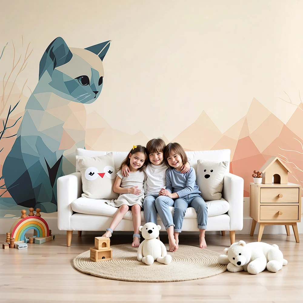 Papel de parede crianç | Gatinho geométrico num cenário suave