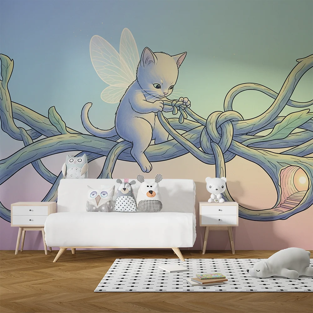 Papel de parede crianç | Gatinho mágico brincando com cipós mágicos