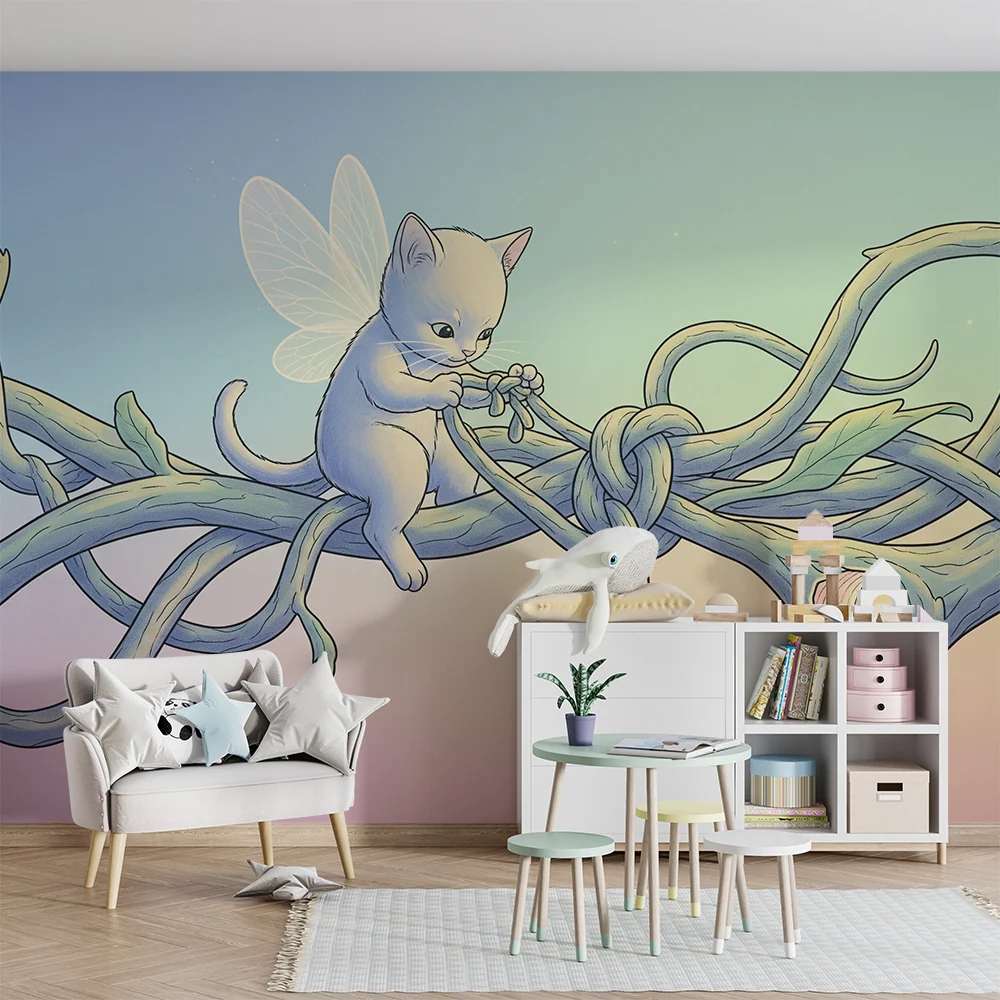 Papel de parede crianç | Gatinho mágico brincando com cipós mágicos