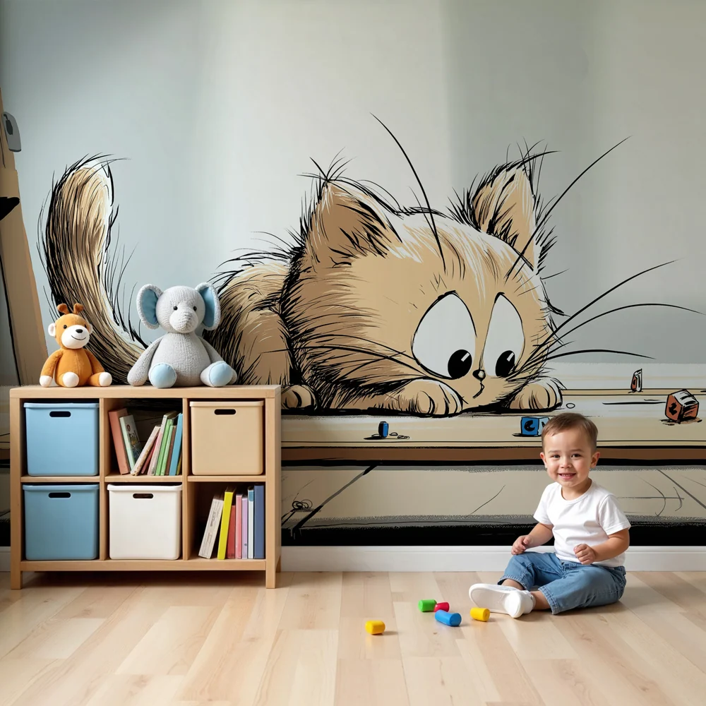 Papel de parede crianç | Gato curioso e jogos coloridos