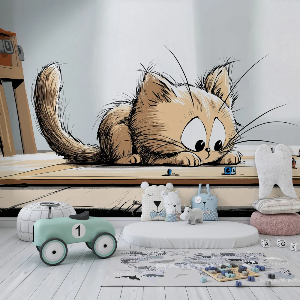 Papel de parede crianç | Gato curioso e jogos coloridos