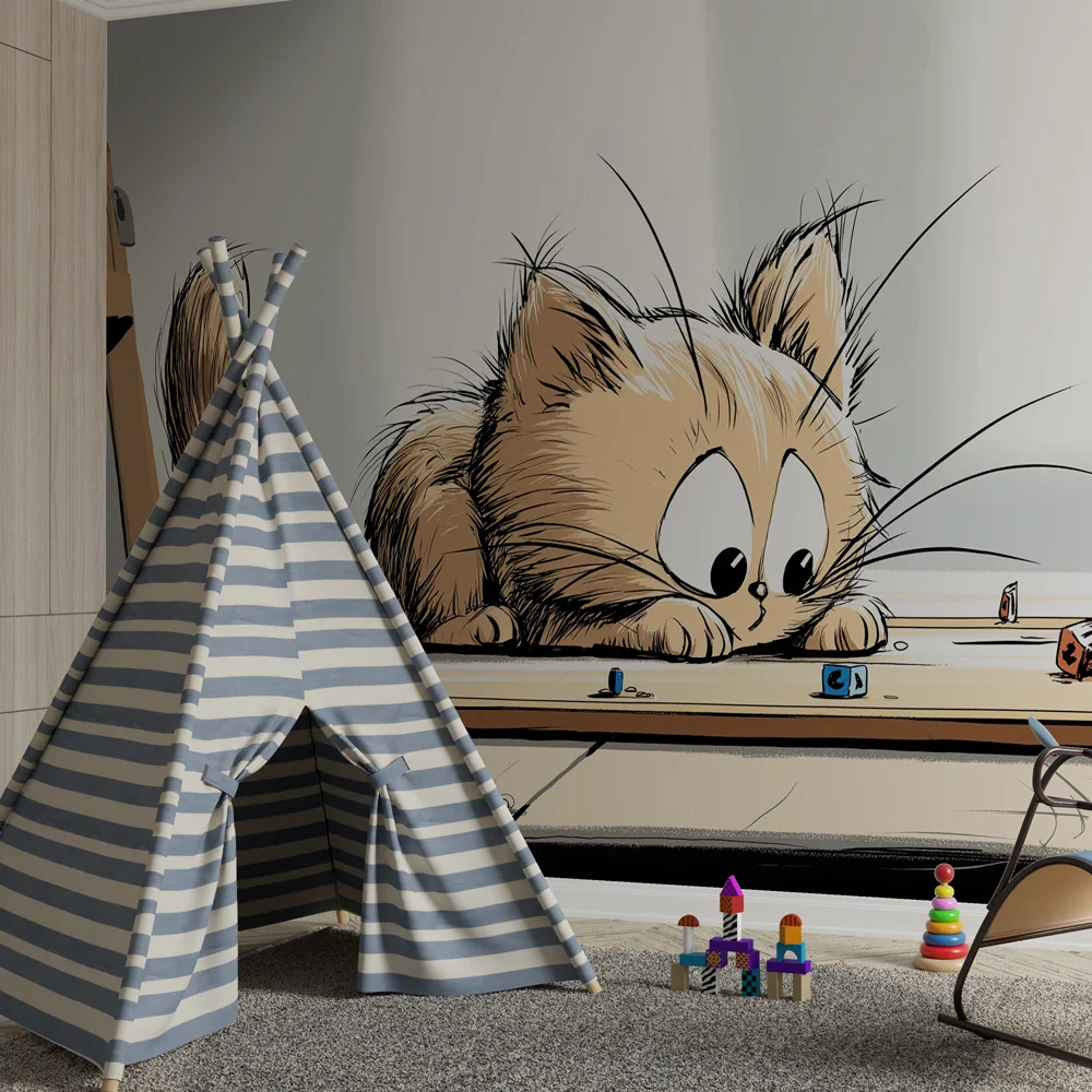 Papel de parede crianç | Gato curioso e jogos coloridos