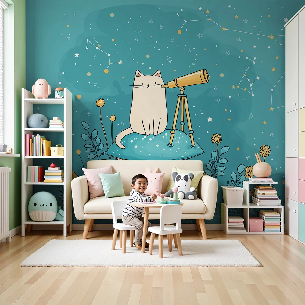 Papel de parede crianç | Gato curioso observando as estrelas com um telescópio