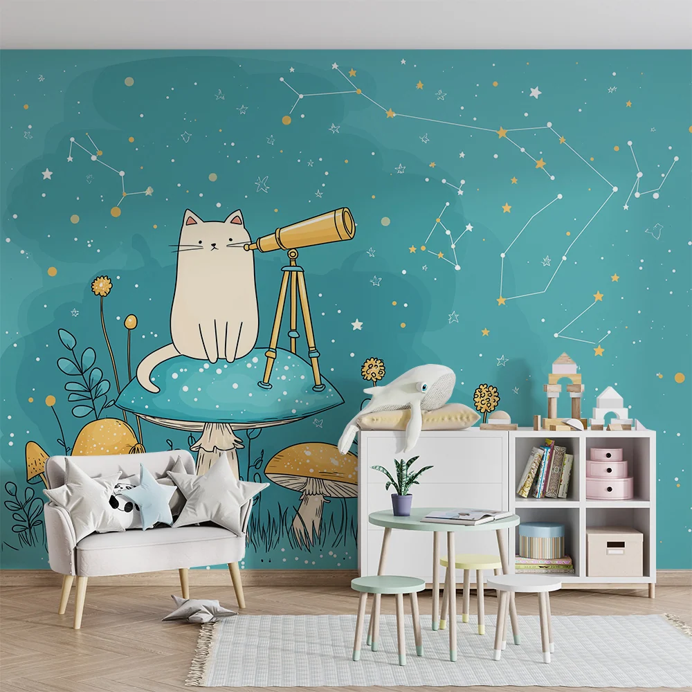 Papel de parede crianç | Gato curioso observando as estrelas com um telescópio